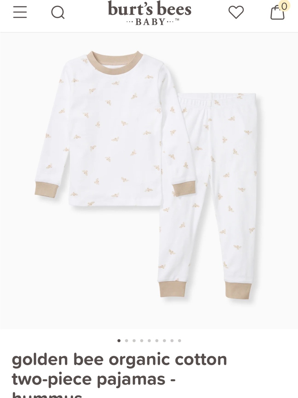Burt's Bees Baby White and Hummus Bee Print Organic Cotton Pajama Set